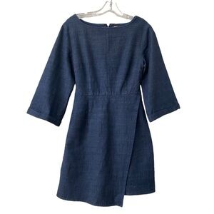 Free People Blue Denim 3/4 Bell Sleeve Round Neck Faux Wrap Dress